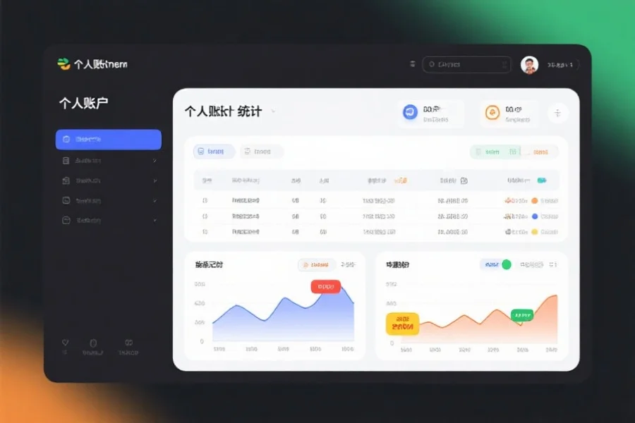 现代风格的应用界面，展示个人账户统计报表，包括投注记录和中奖盈亏图表